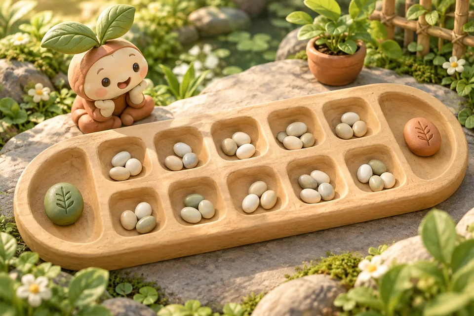 Bàn ô ăn quan với mười ô dân, hai ô quan và những viên quân trên nền gỗ ấm.
