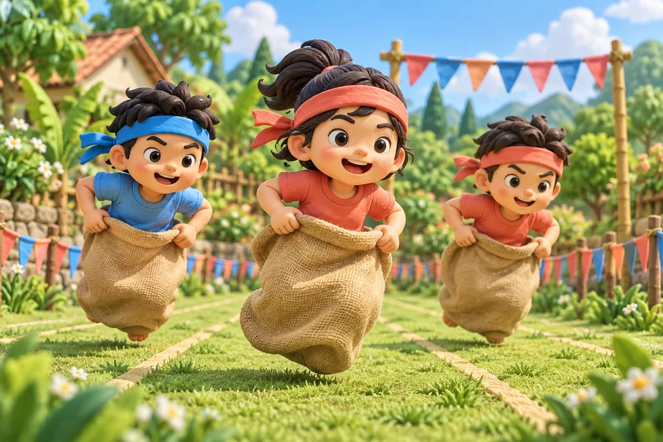 Các bạn nhỏ vui vẻ nhảy bao bố trên sân cỏ, cùng tiến về cổng đích của hội thao.
