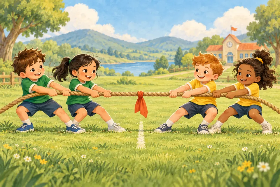 Minh họa hai đội kéo co, mỗi câu trả lời đúng giúp kéo dây về phía đội mình.